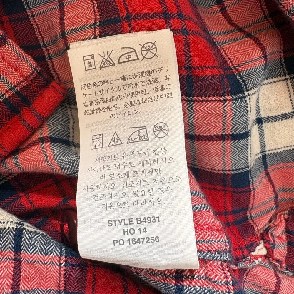 J.Crew Shrunken Boy Shirt Cerise Plaid Red Navy Cotton Flannel Cabincore Size 12